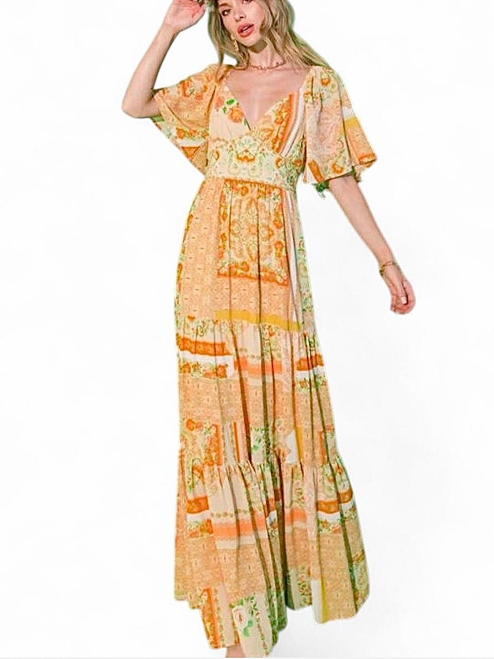 Flying Tomato Peach & Green Floral Maxi Dress